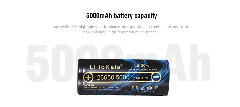 LiitoKala Lii - 50A 3.7V 50A 5000mAh 26650 Li-ion Rechargeable Battery for Flashlight