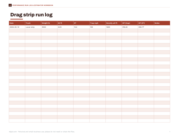 Preview of Printable Drag Strip Run Log Workbook